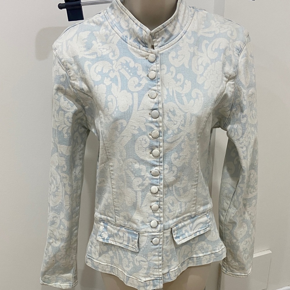 Paisley print peplum jean jacket.